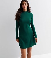 New Look Dark Green Ribbed Jersey High Neck Mini Dress